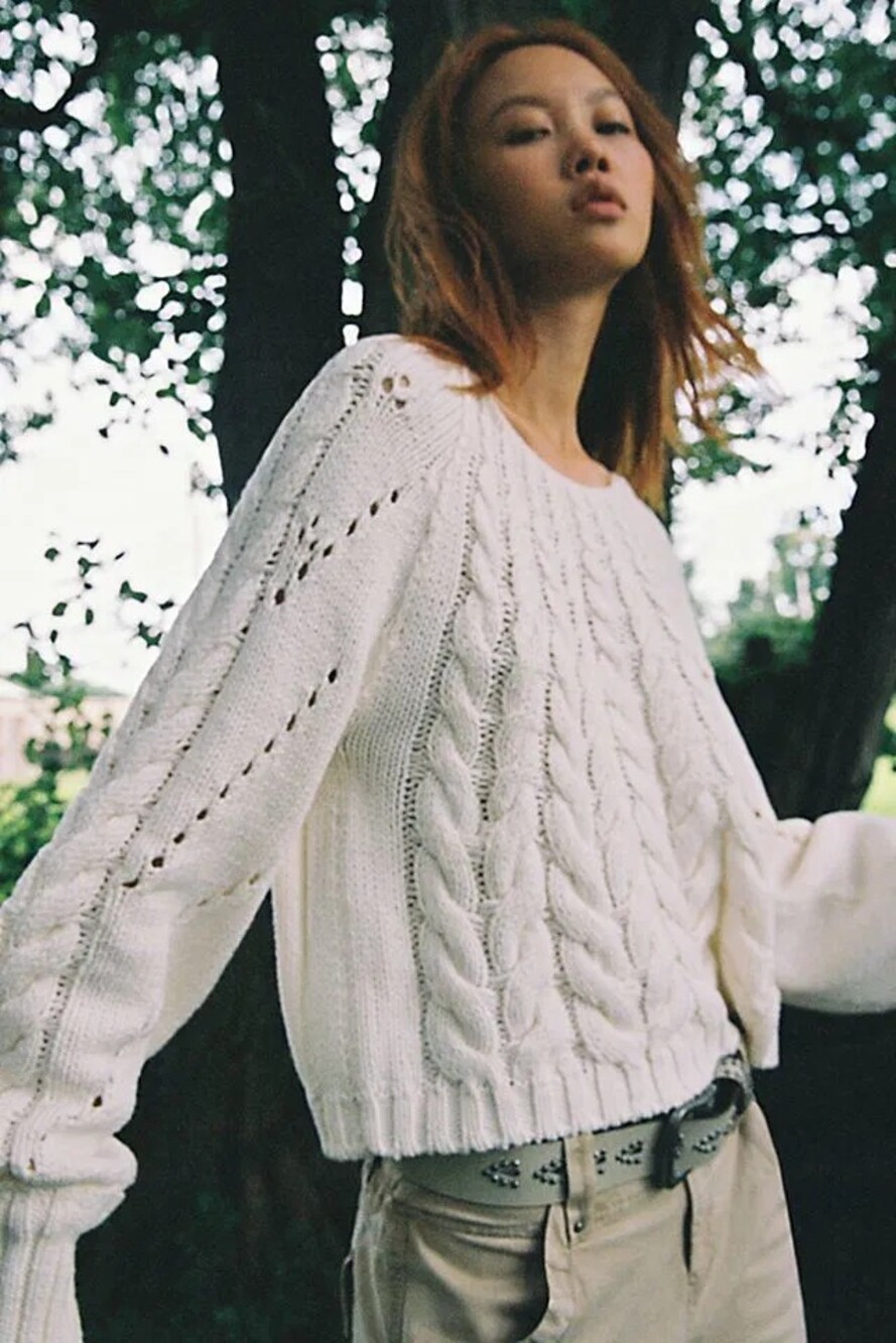 Free People Sandre Chunky Cable Knit Sweater in White Size Medium
